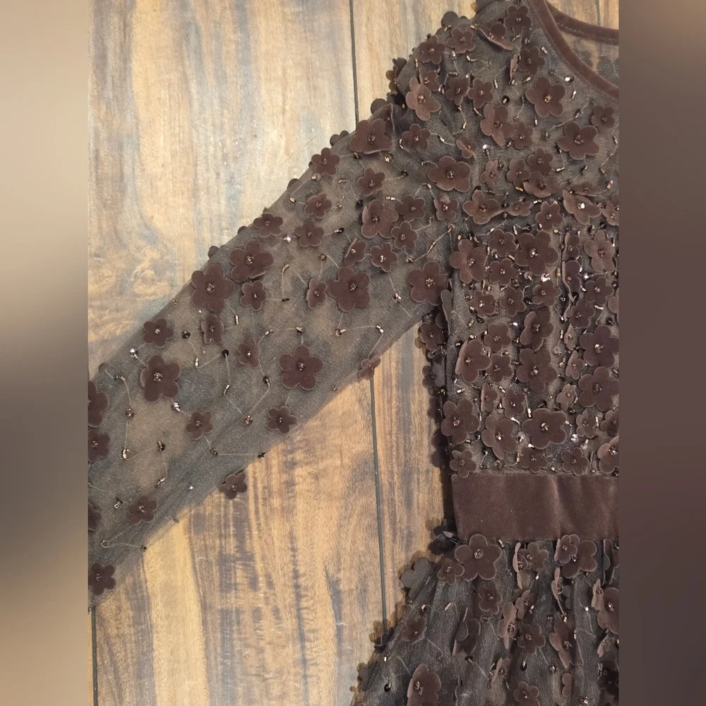Mac Duggal Long Sleeve Fit & Flare Velvet Embellished Brown Floral Dress sz 2 - Picture 8 of 14